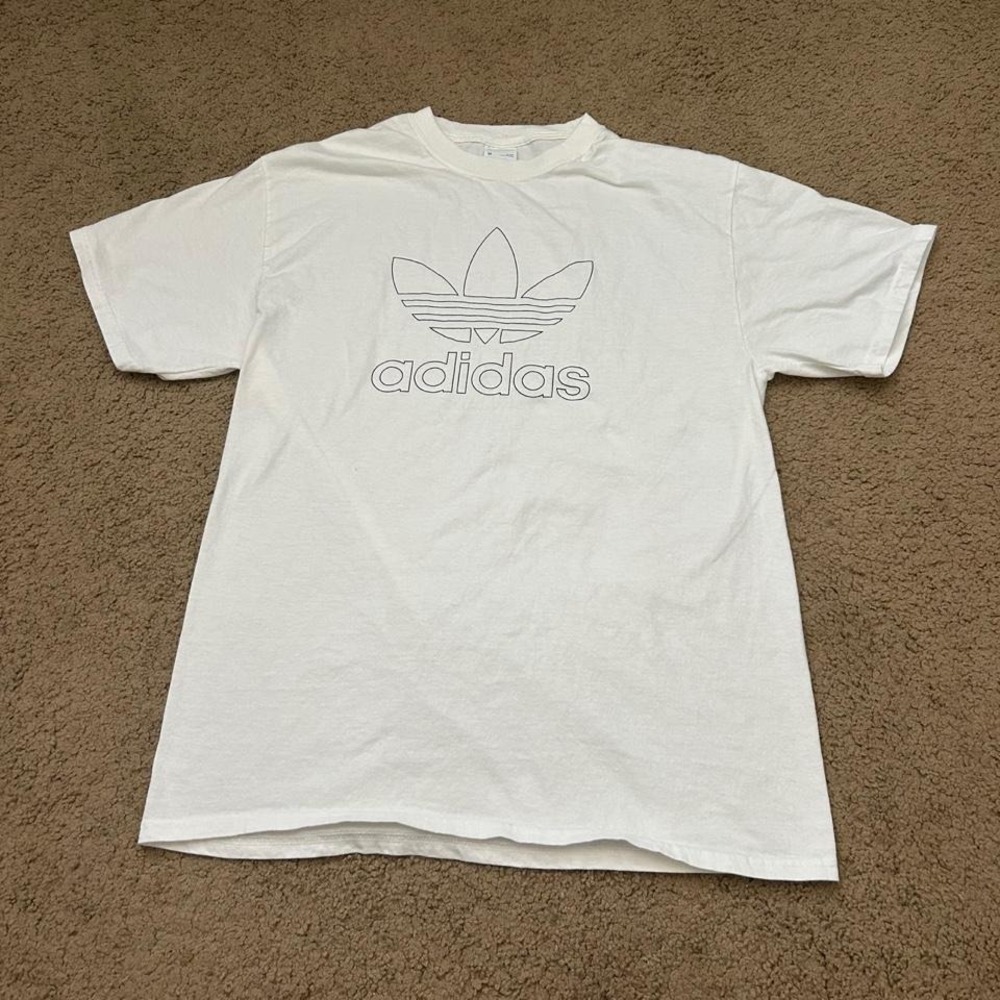 Vintage Adidas white t-shirt with black outline logo. Size M